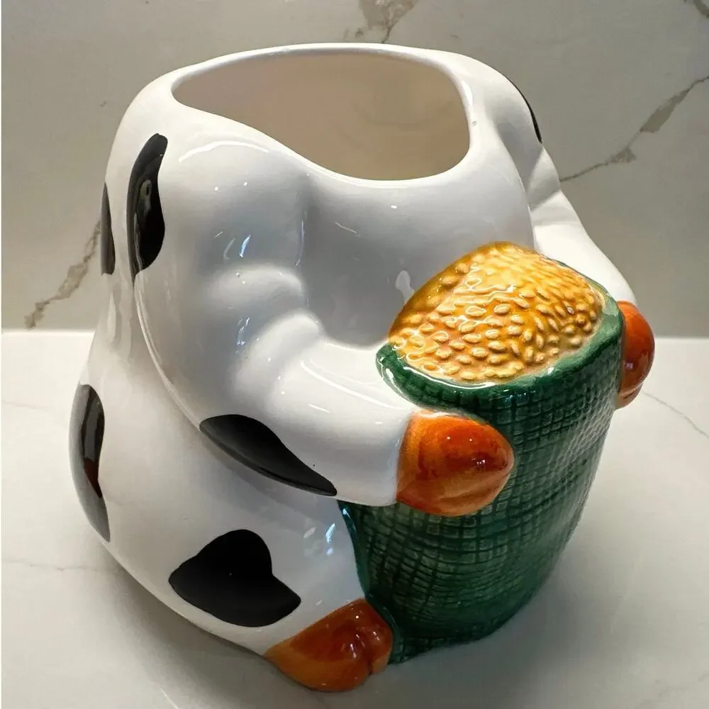 Vintage Cookie Jar White Cow Black Spots Holding Corn Bag